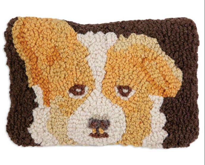 Pillow, Corgi, hooked wool