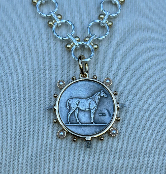 Necklace, French coin, silver chain