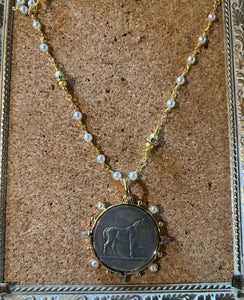 Necklace, French horse coin, gold chain