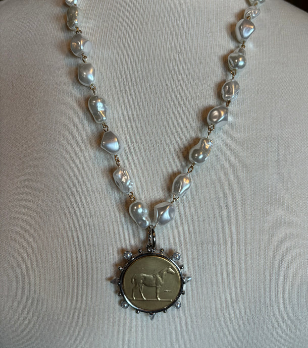 Necklace, French horse coin, pearls