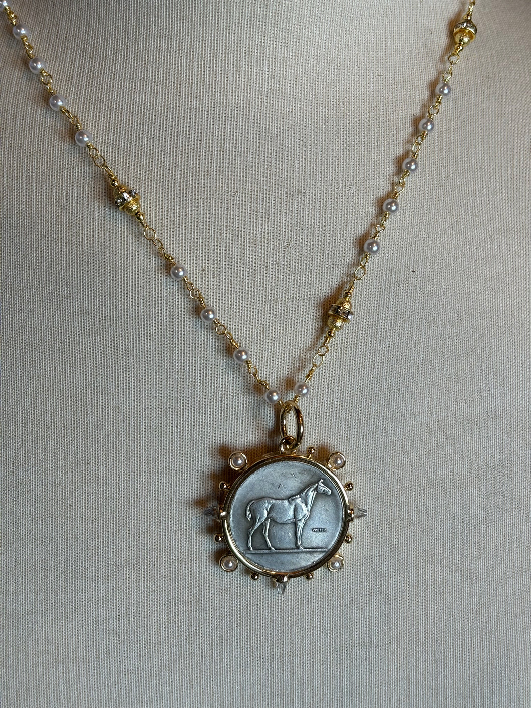 Necklace, French horse coin, gold chain