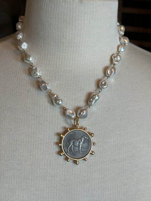 Necklace, French horse coin, pearls