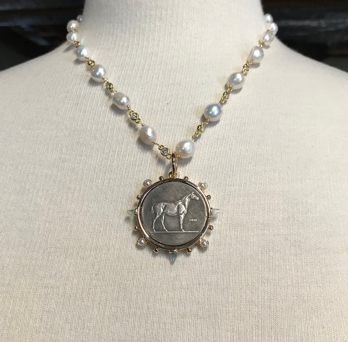 Necklace, Horse coin medallion, pearls