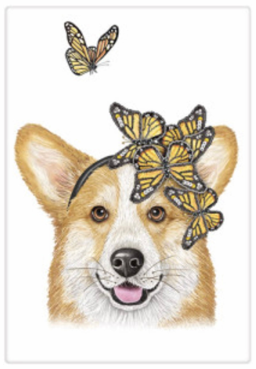 Tea towel, Corgi with butterflies